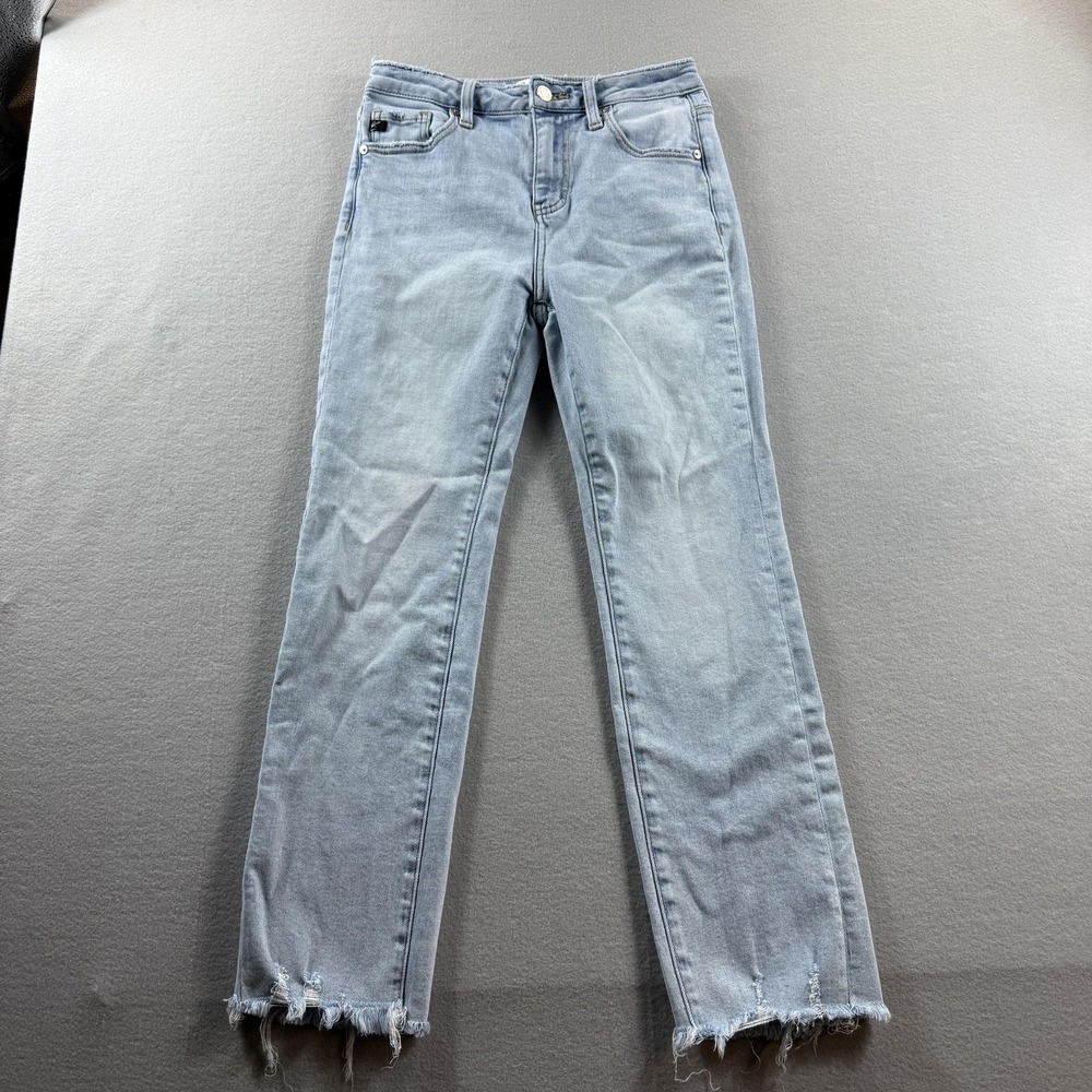 KanCan Straight Jeans Womens 26 Light Wash High Rise Fringe Stretch 27x26